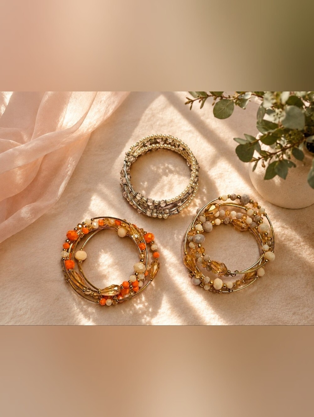 3 Set Multi-Row Beaded Wrap Bracelets - Pearl and Orange